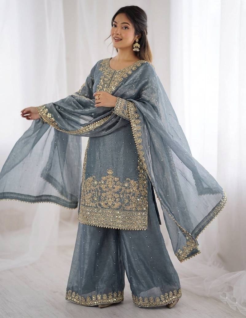 grey silk festive kurta set