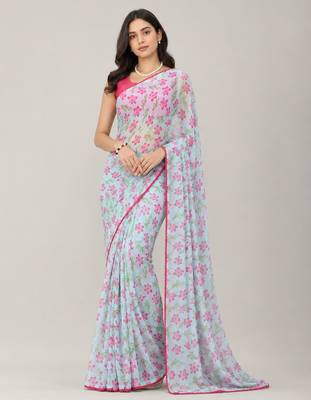 Sky Blue color all over floral printed with premium lace border gorgette saree with unstitched blouse 1