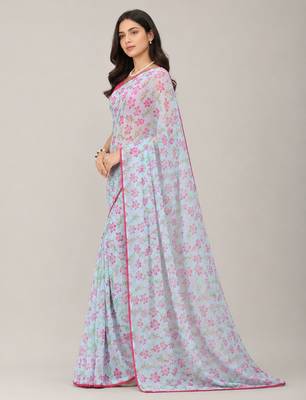 Sky Blue color all over floral printed with premium lace border gorgette saree with unstitched blouse 2