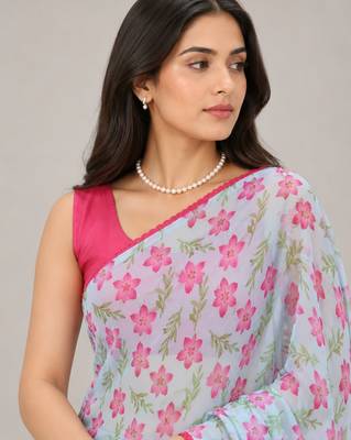Sky Blue color all over floral printed with premium lace border gorgette saree with unstitched blouse 4