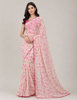 Cream color all over floral printed with premium lace border gorgette saree with unstitched blouse 1