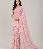 Cream color all over floral printed with premium lace border gorgette saree with unstitched blouse