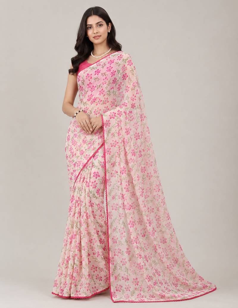 Cream color all over floral printed with premium lace border gorgette saree with unstitched blouse