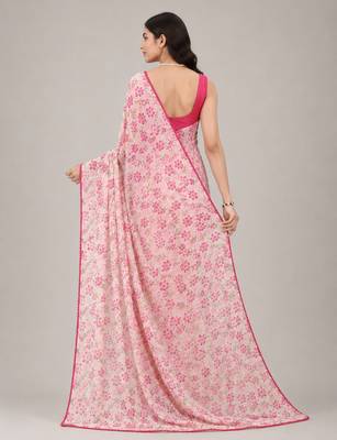 Cream color all over floral printed with premium lace border gorgette saree with unstitched blouse 3