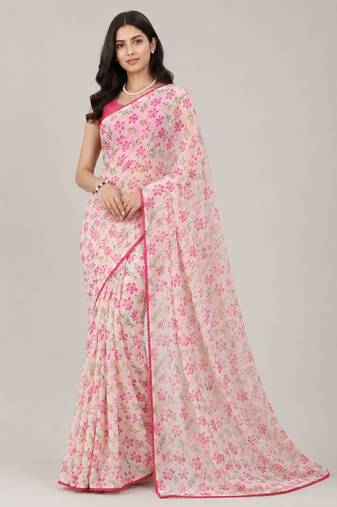 Cream color all over floral printed with premium lace border gorgette saree with unstitched blouse