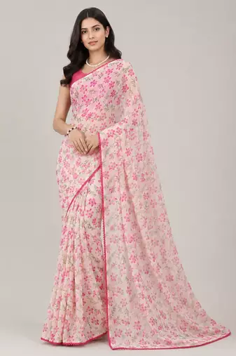 Cream color all over floral printed with premium lace border gorgette saree with unstitched blouse