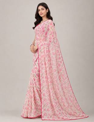 Cream color all over floral printed with premium lace border gorgette saree with unstitched blouse 2