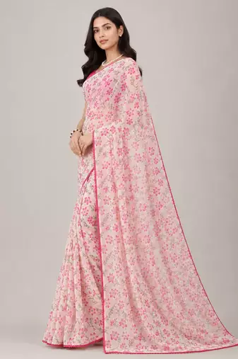 Cream color all over floral printed with premium lace border gorgette saree with unstitched blouse
