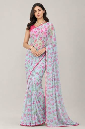 Sky Blue color all over floral printed with premium lace border gorgette saree with unstitched blouse