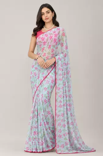 Sky Blue color all over floral printed with premium lace border gorgette saree with unstitched blouse