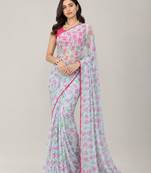 Sky Blue color all over floral printed with premium lace border gorgette saree with unstitched blouse