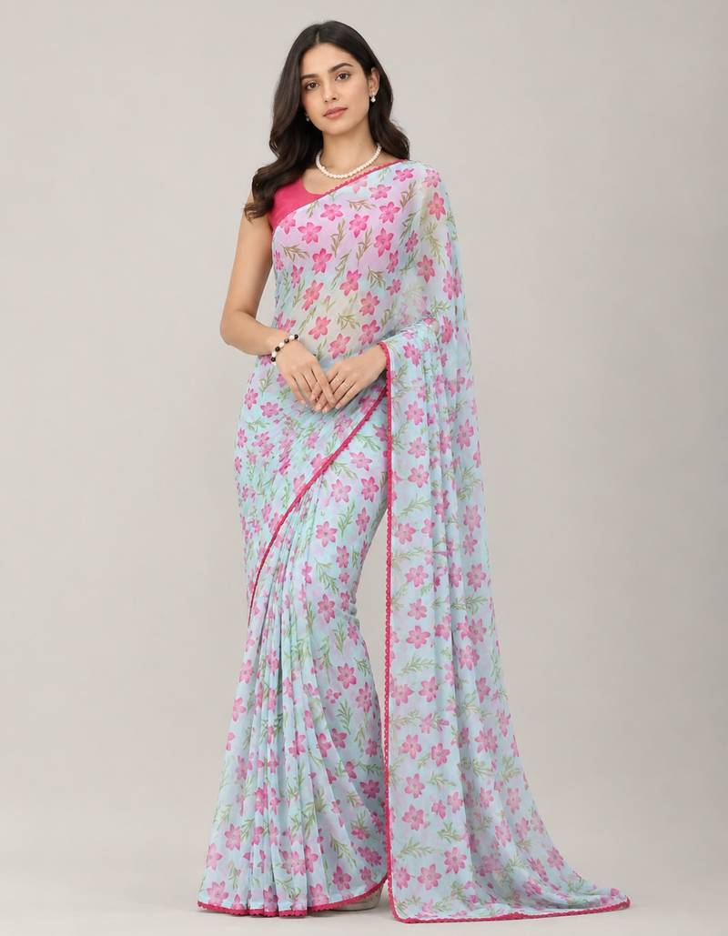 Sky Blue color all over floral printed with premium lace border gorgette saree with unstitched blouse