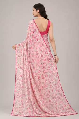 Cream color all over floral printed with premium lace border gorgette saree with unstitched blouse