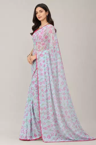 Sky Blue color all over floral printed with premium lace border gorgette saree with unstitched blouse