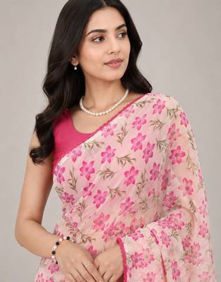 Cream color all over floral printed with premium lace border gorgette saree with unstitched blouse 4