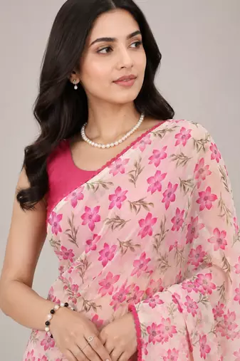 Cream color all over floral printed with premium lace border gorgette saree with unstitched blouse