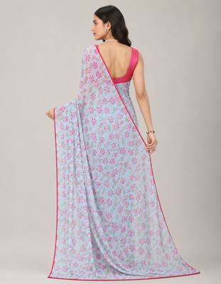 Sky Blue color all over floral printed with premium lace border gorgette saree with unstitched blouse 3