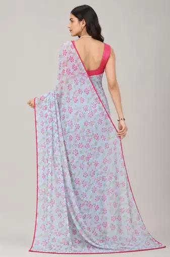 Sky Blue color all over floral printed with premium lace border gorgette saree with unstitched blouse