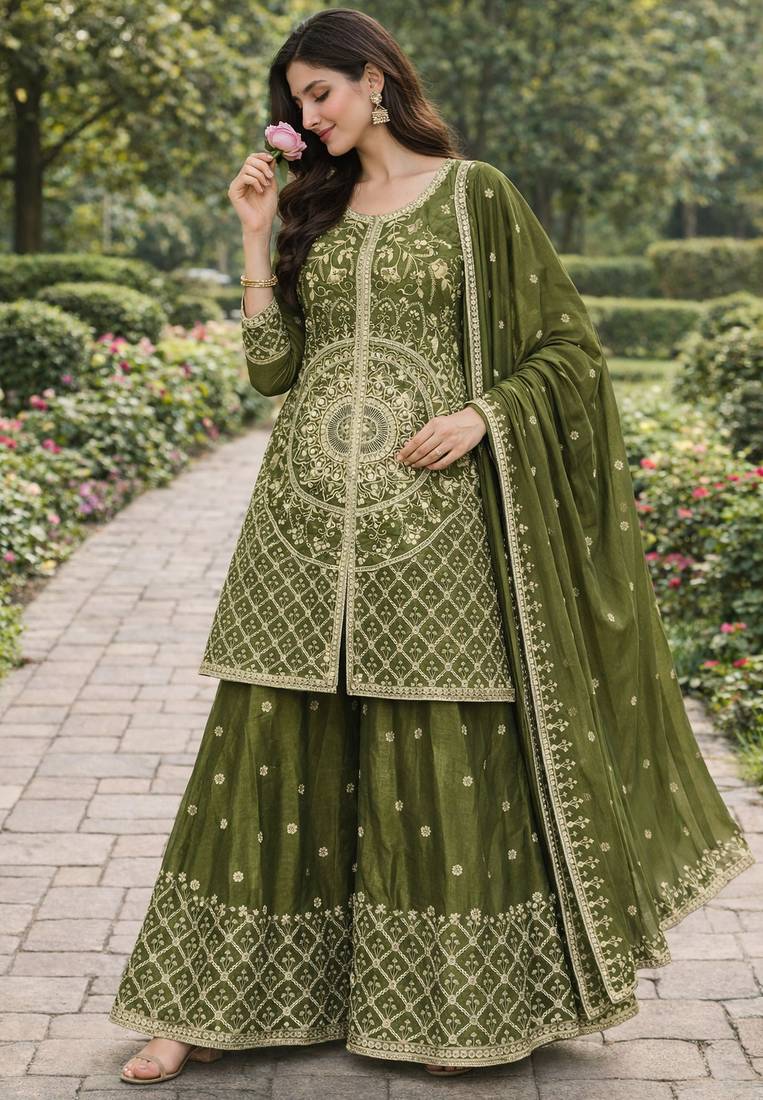 mehendi chinon festive kurta set