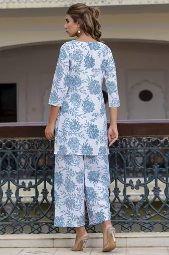 sky-blue blended cotton festive top and bottom