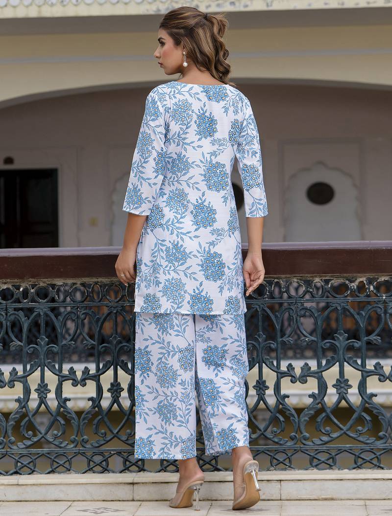 sky-blue blended cotton festive top and bottom