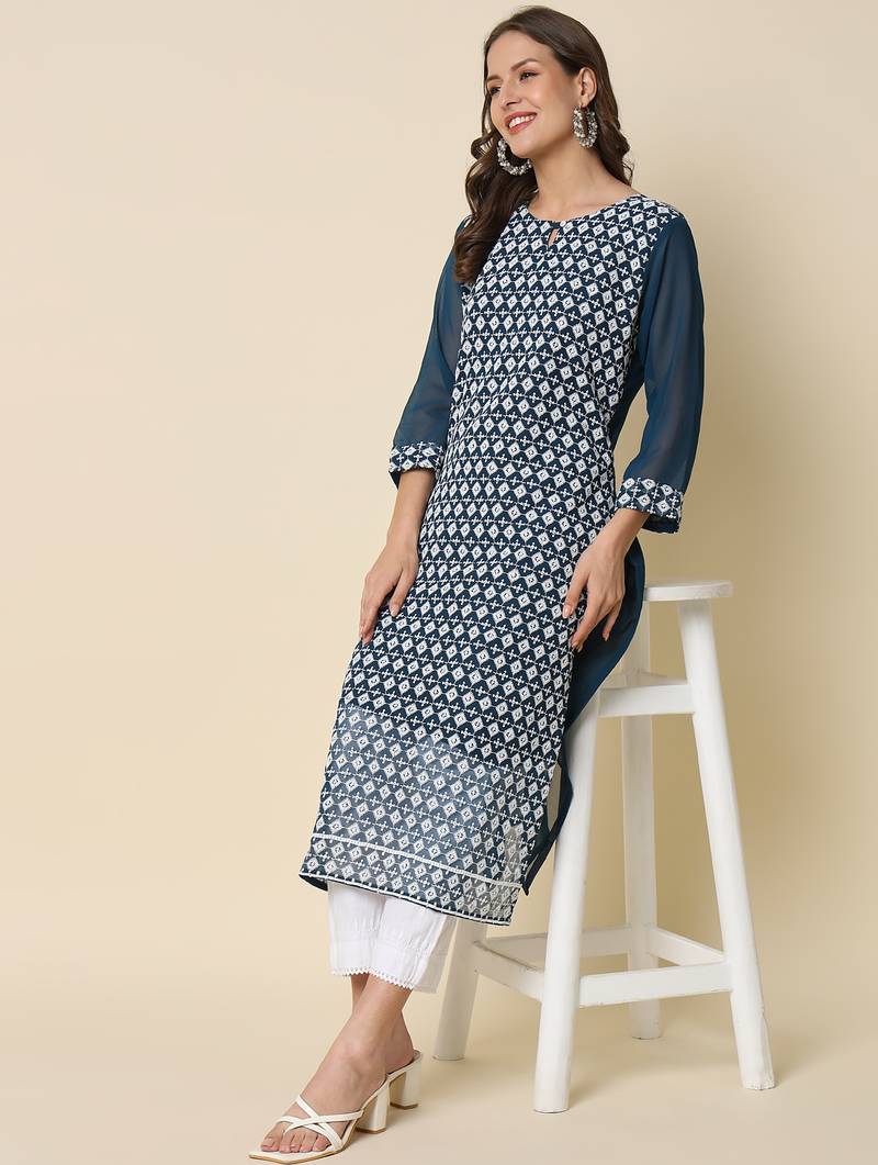 teal georgette festive wear long kurti
