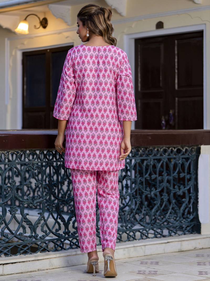 pink blended cotton festive top and bottom