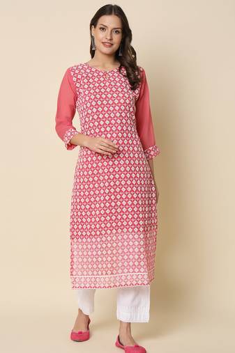 pink georgette festive wear long kurti