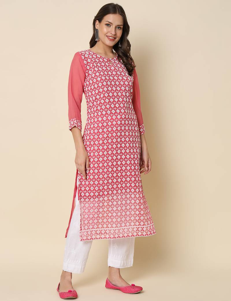 pink georgette festive wear long kurti