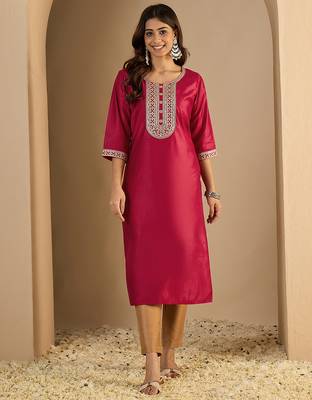 pink silk blend festive wear long kurti 1