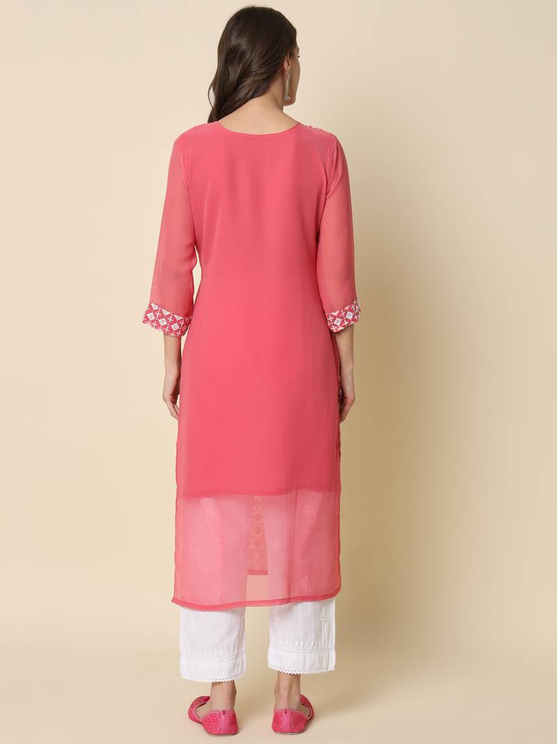 pink georgette festive wear long kurti