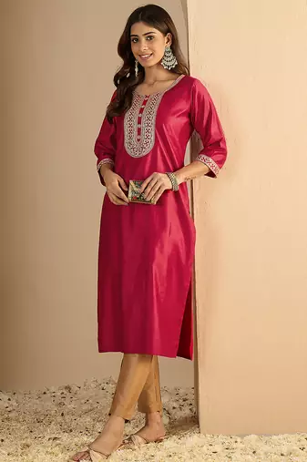 pink silk blend festive wear long kurti