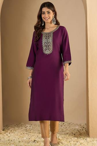 purple silk blend festive wear long kurti