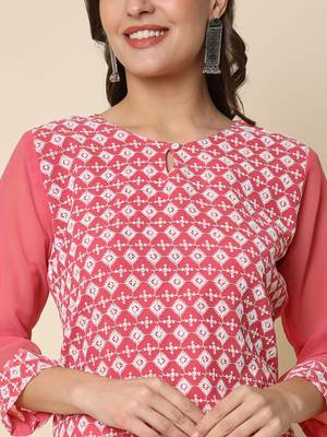 pink georgette festive wear long kurti 4