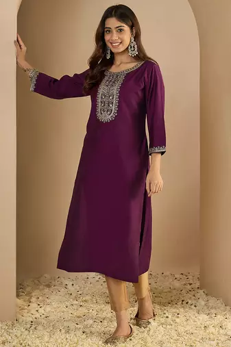 purple silk blend festive wear long kurti
