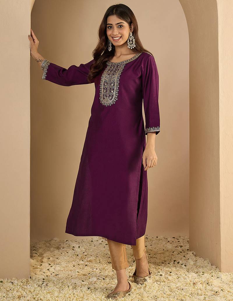 purple silk blend festive wear long kurti