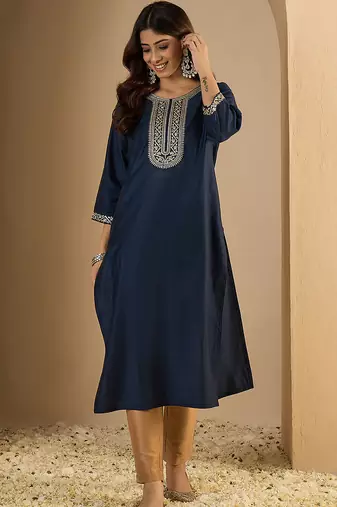 navy-blue silk blend festive wear long kurti
