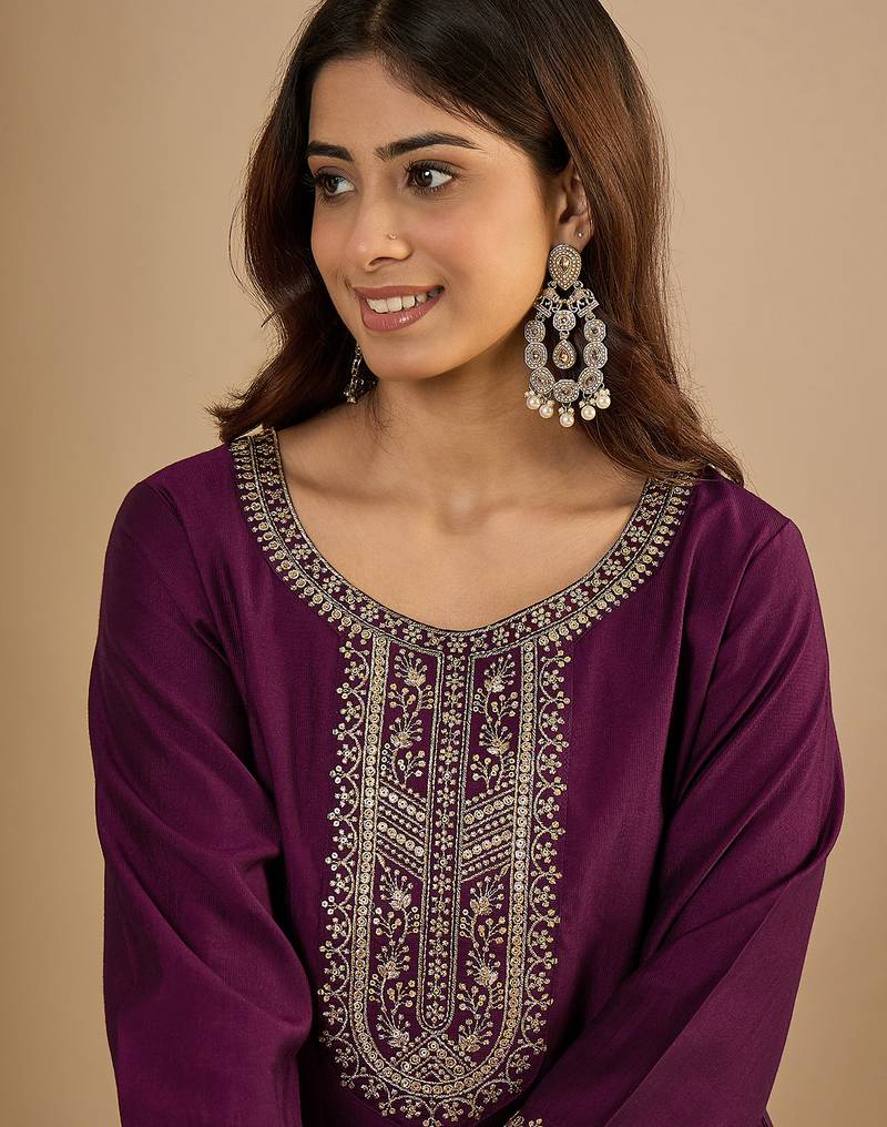 purple silk blend festive wear long kurti