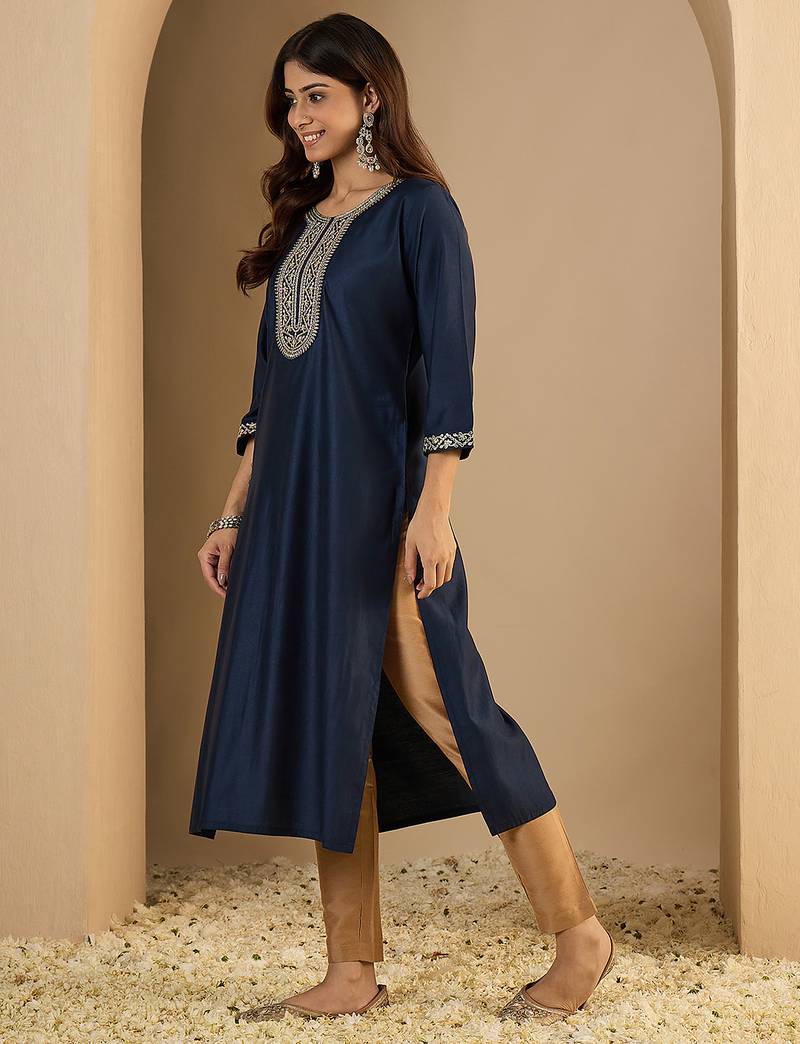 navy-blue silk blend festive wear long kurti