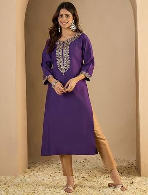 purple silk blend festive wear long kurti 1