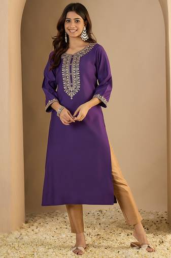 purple silk blend festive wear long kurti