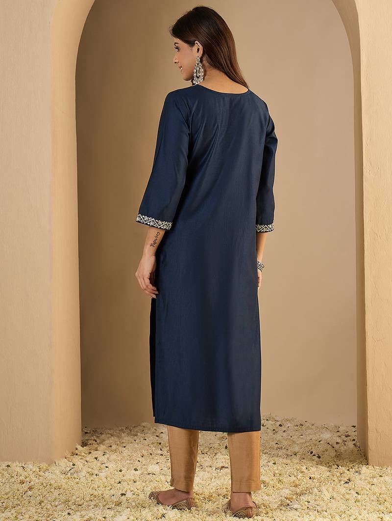 navy-blue silk blend festive wear long kurti