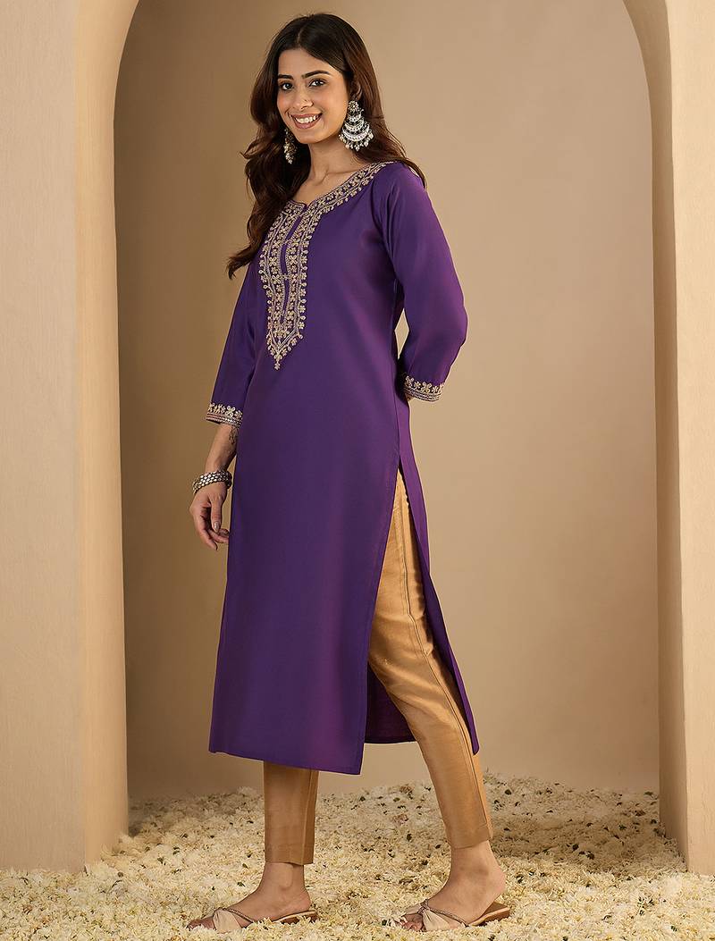 purple silk blend festive wear long kurti