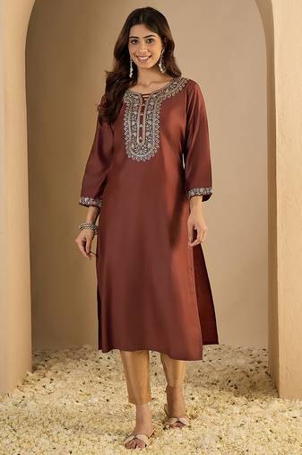brown silk blend festive wear long kurti