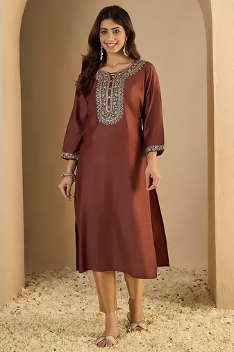 brown silk blend festive wear long kurti