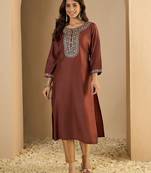 brown silk blend festive wear long kurti