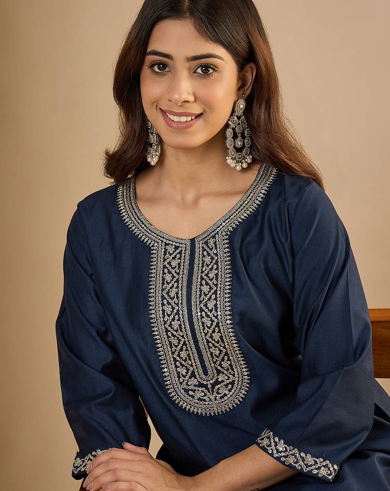navy-blue silk blend festive wear long kurti