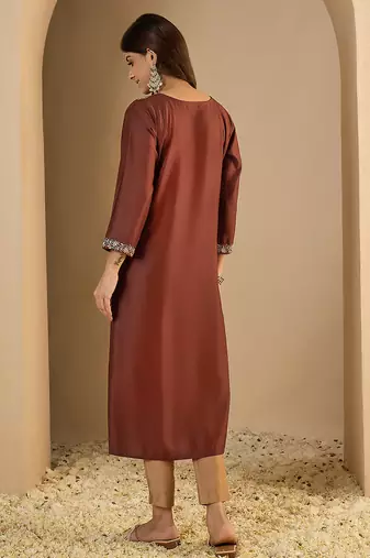 brown silk blend festive wear long kurti