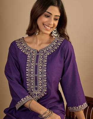 purple silk blend festive wear long kurti 4