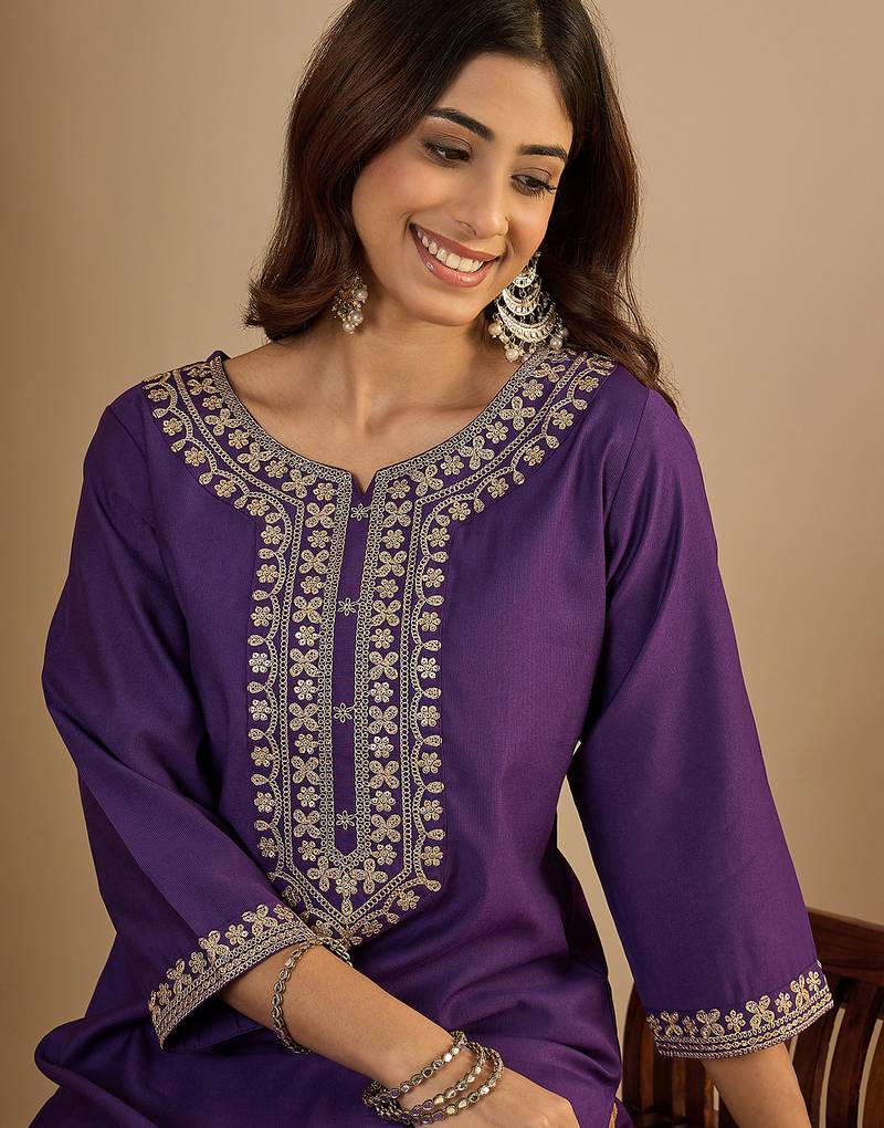 purple silk blend festive wear long kurti